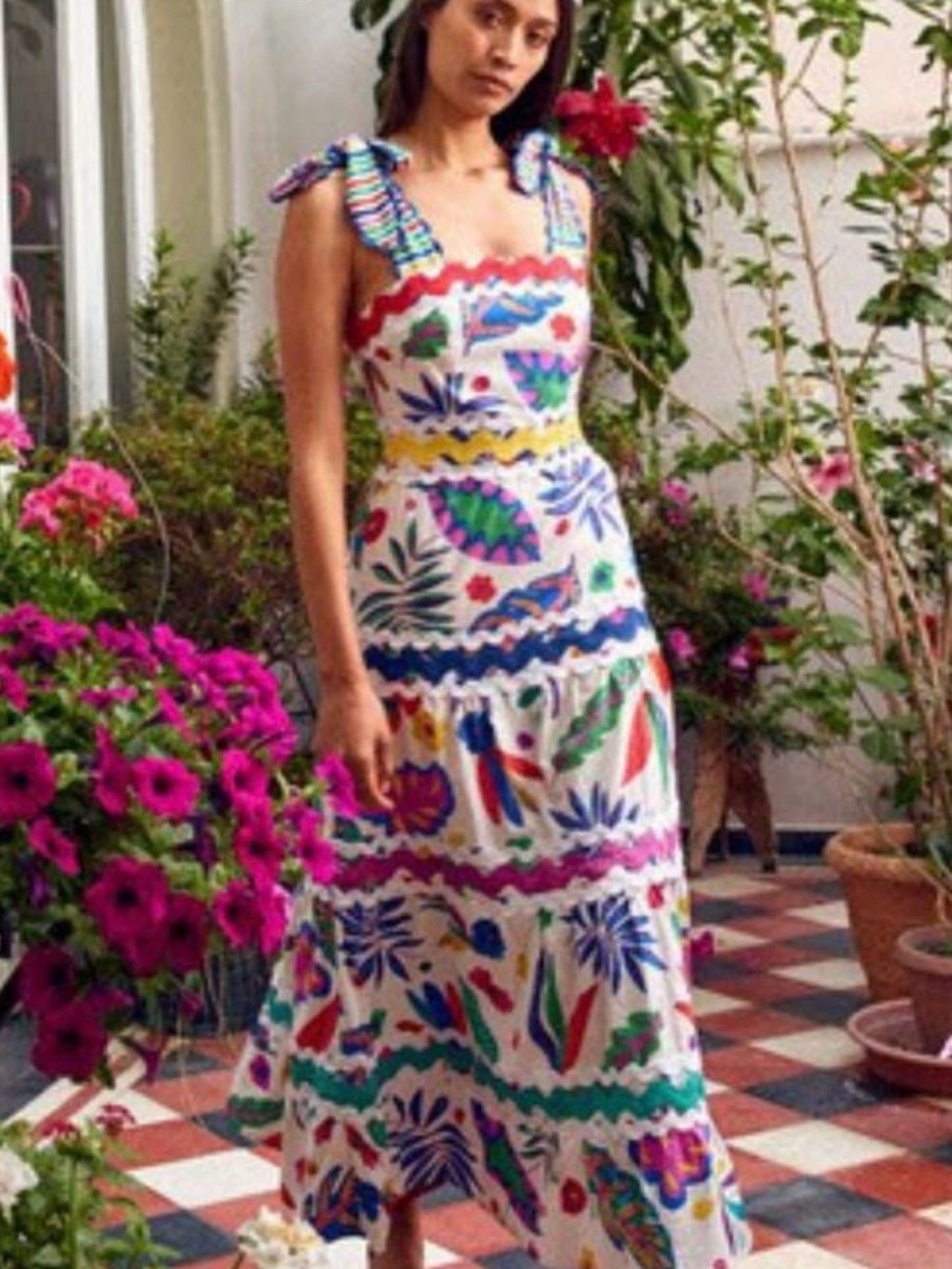 Multicolor Floral Tiered Maxi Dress with Tie Shoulder Straps